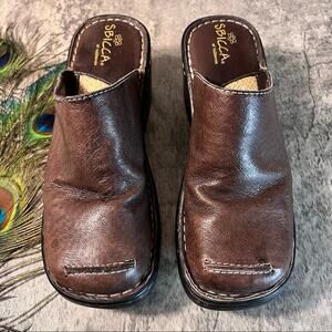 Sbicca of CA Womens Leather Mules sz 7.5 Heeled Slide Shoes Brown Boho Cottage